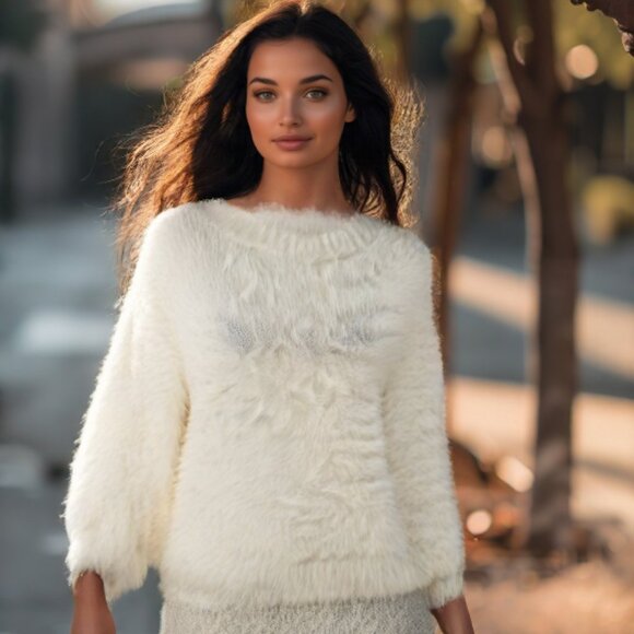 Elan White Angora Mohair Style LS Crewneck Pullover Sweater, Size Medium - Picture 1 of 8